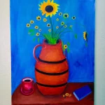 Tableau Cruche et Tournesols Fond Bleu