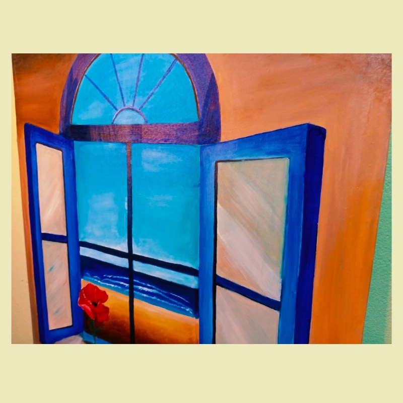 Tableau Fenêtre sur Mer avec Fleur Rouge