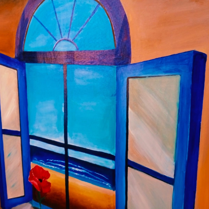 Tableau Fenêtre sur Mer avec Fleur Rouge