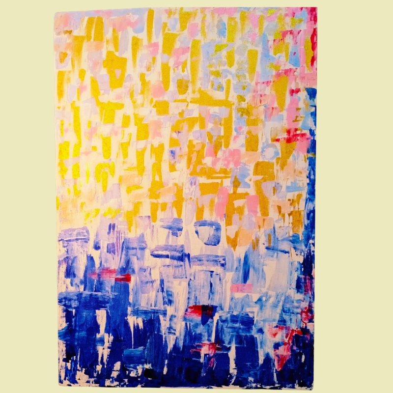 Tableau Abstrait Jaune Rose et Bleu