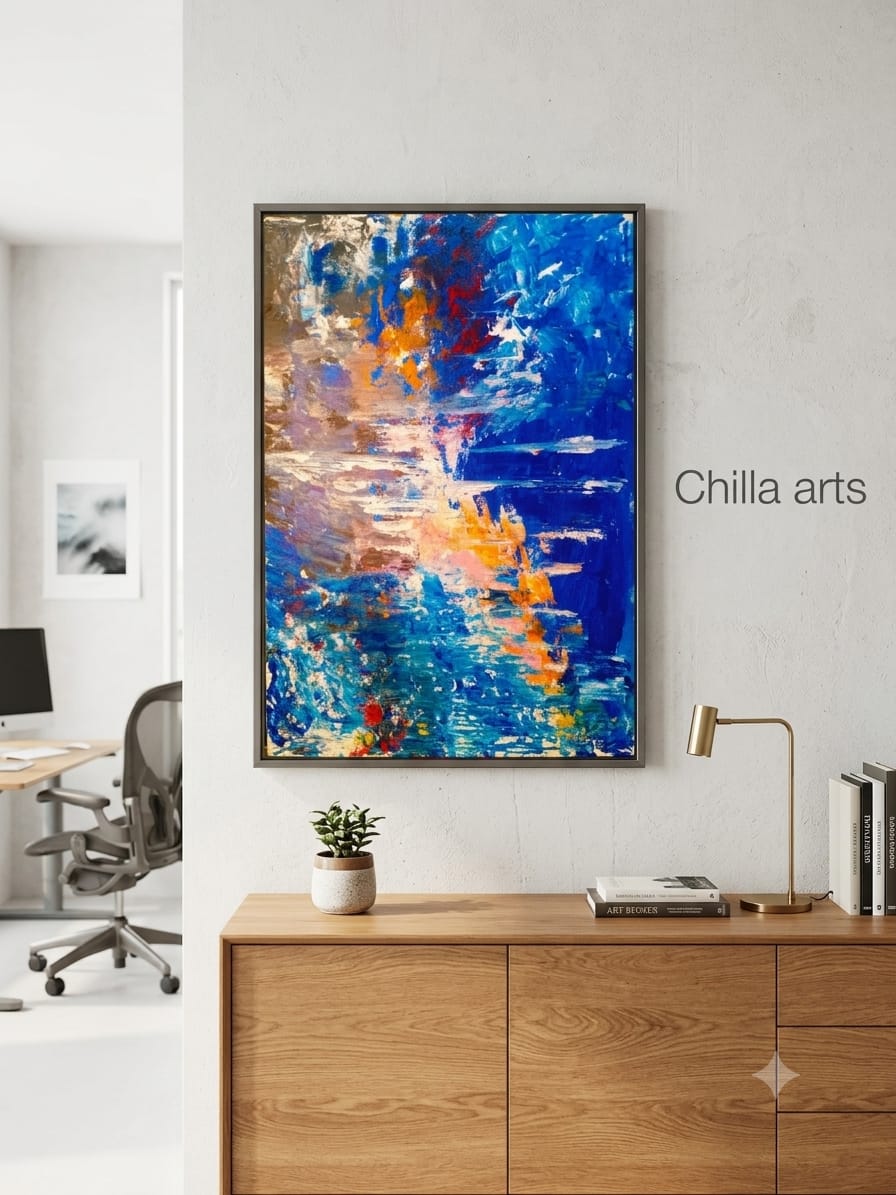 Tableau Abstrait Jaune Rose et Bleu