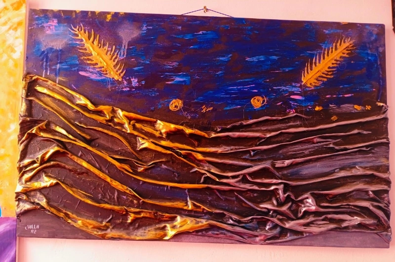 Tableau Abstrait en Relief Bleu et Or