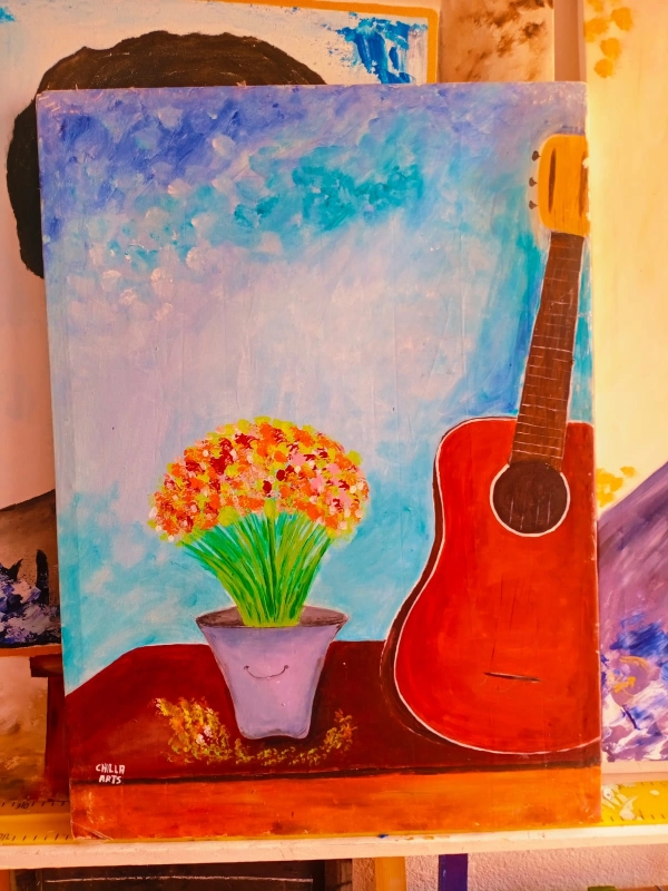 Tableau Guitare Rouge et Bouquet de Fleurs