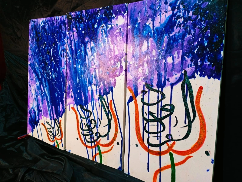 Triptyque Abstrait Bleu et Violet 97 cm