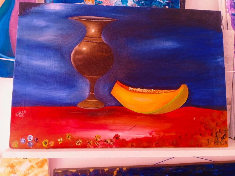 Tableau Nature Morte Vase et Melon