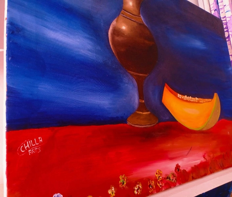 Tableau Nature Morte Vase et Melon