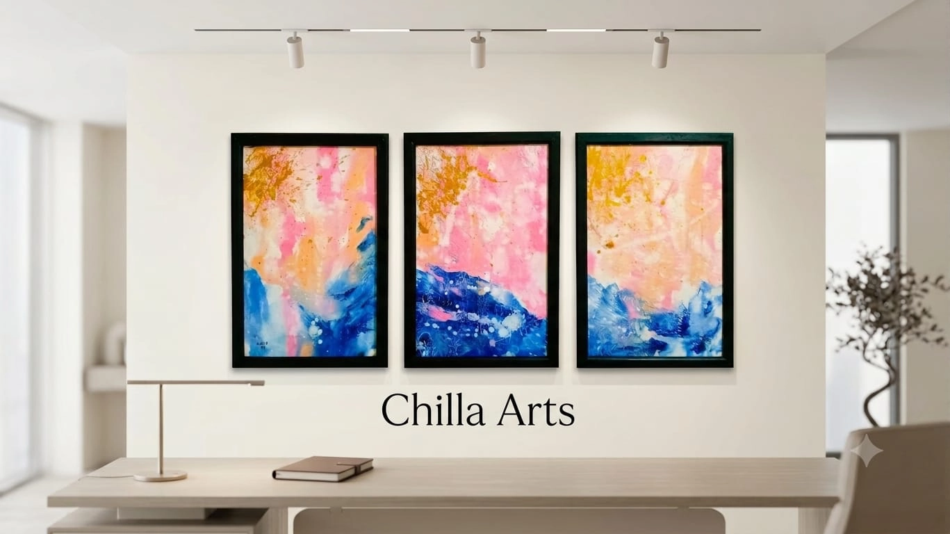 Triptyque Abstrait Rose, Bleu et Or
