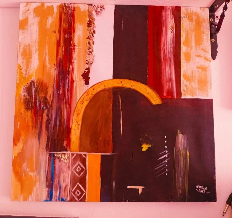 Tableau Abstrait Orange et Noir Géométrique