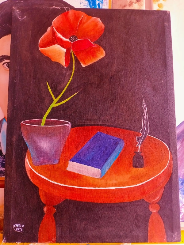Tableau Coquelicot Rouge, Livre et Encrier