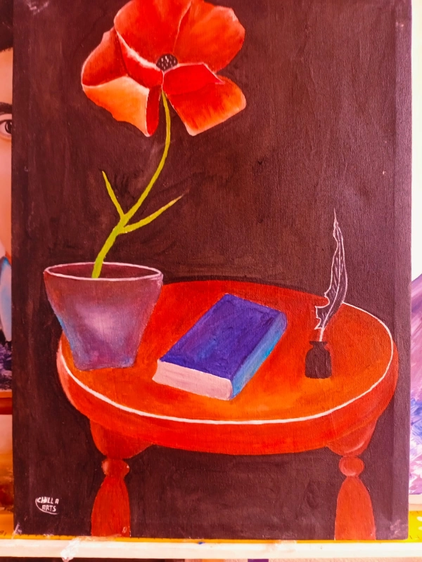 Tableau Coquelicot Rouge, Livre et Encrier