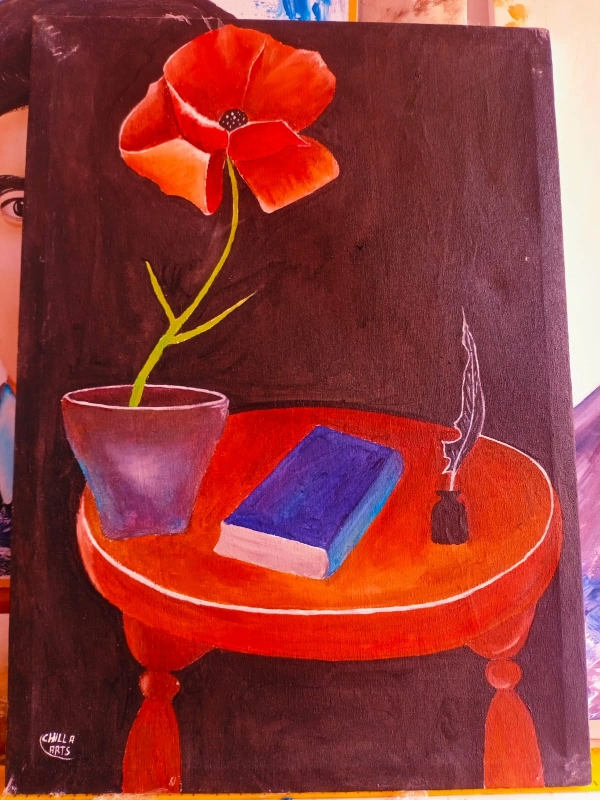 Tableau Coquelicot Rouge, Livre et Encrier