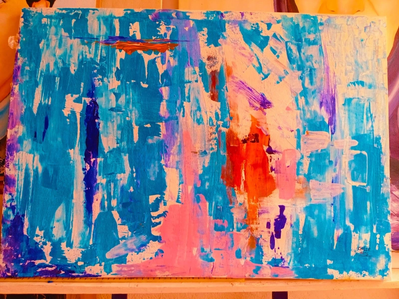 Tableau Abstrait Bleu Turquoise et Rose
