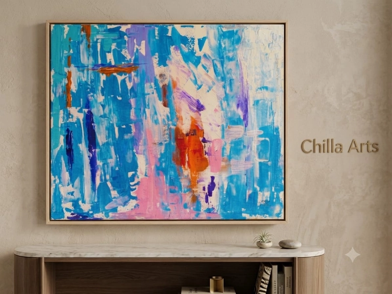 Tableau Abstrait Bleu Turquoise et Rose