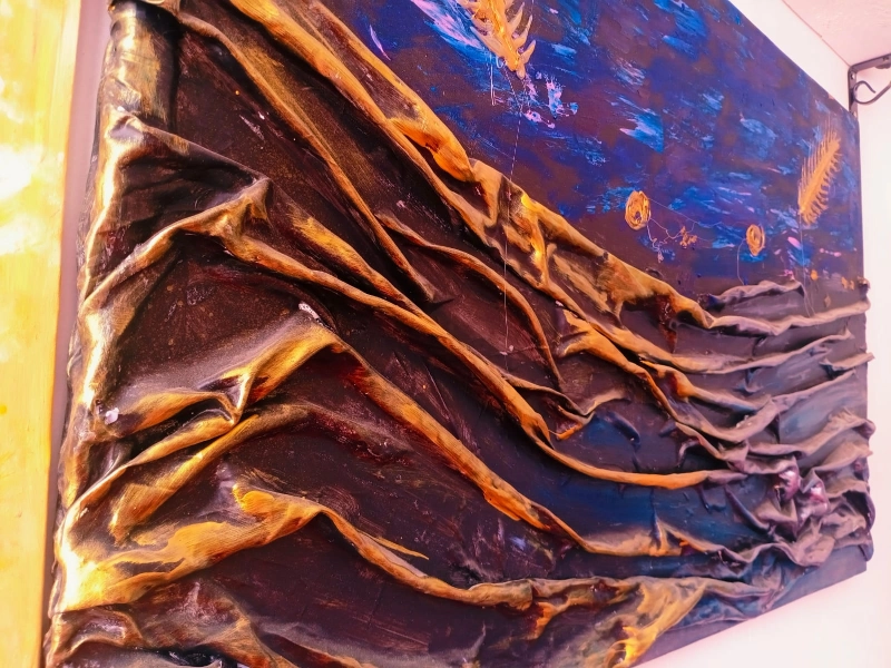 Tableau Abstrait en Relief Bleu et Or