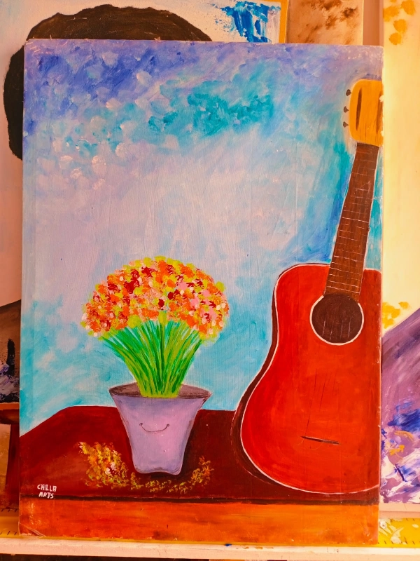 Tableau Guitare Rouge et Bouquet de Fleurs