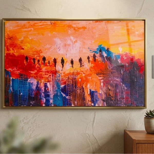 tableau-abstrait-orange-ville-silhouettes