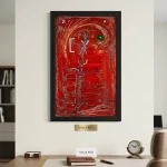 Tableau Abstrait Rouge aux Symboles