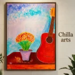 Tableau Guitare Rouge et Bouquet de Fleurs