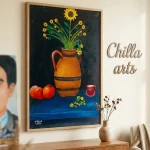 Tableau Jarre Orange et Tournesols sur Fond Noir