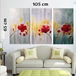 Triptyque Fleurs Rouges Jaune et Gris 105 cm